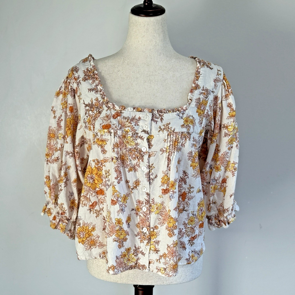 Cynthia Rowley Linen Blend Peasant Button Down Top - Floral - Medium - Festival